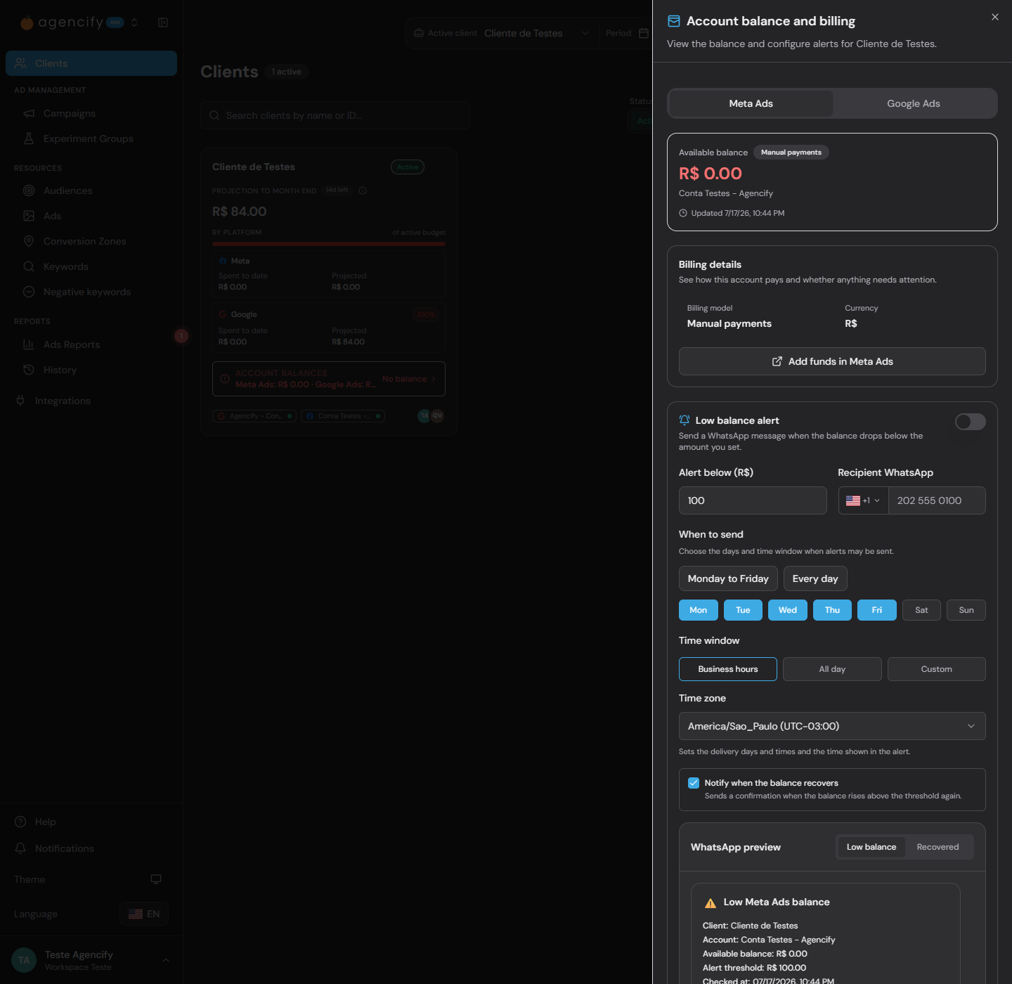 Account balance and billing panel with Meta Ads low balance alert settings.
