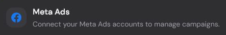 Meta Ads integration card header on the Integrations page.