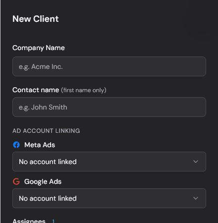 Empty New Client dialog with basic fields and Meta Ads and Google Ads selectors.