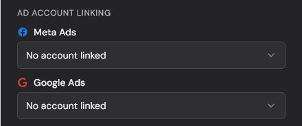 New Client form with Meta Ads and Google Ads selectors showing no linked accounts.