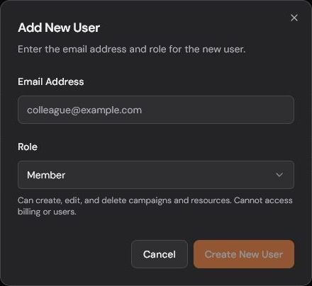 Dialog for inviting a team member with no email entered.