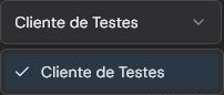 Open client selector on the Campaigns page with Cliente de Testes selected.