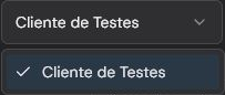 Selector de cliente abierto en la página Campañas con Cliente de Testes seleccionado.