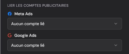 Formulaire Nouveau client avec les sélecteurs Meta Ads et Google Ads sans compte associé.