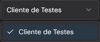 Sélecteur de client ouvert sur la page Campagnes avec Cliente de Testes sélectionné.