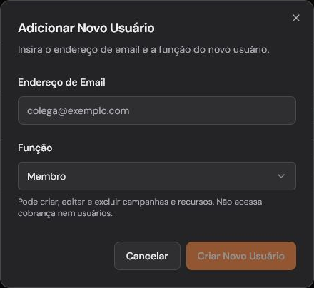 Diálogo para convidar um membro da equipe sem email preenchido.