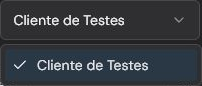 Seletor de cliente aberto na página de Campanhas com Cliente de Testes selecionado.