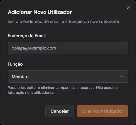 Diálogo para convidar um membro da equipa sem email preenchido.