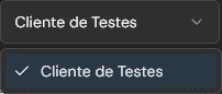 Seletor de cliente aberto na página de Campanhas com Cliente de Testes selecionado.